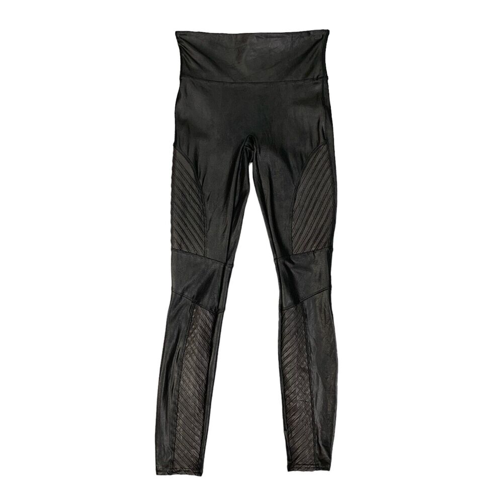 Spanx Leggings Women S Small Black Coated Faux Leather Moto Pull On Ribbed Panel